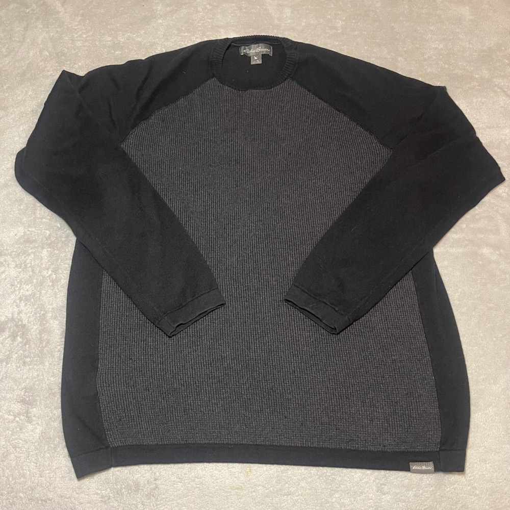 Eddie Bauer Sweater Men Large Tall Black Gray Cotton Merino Wool Raglan Crewneck